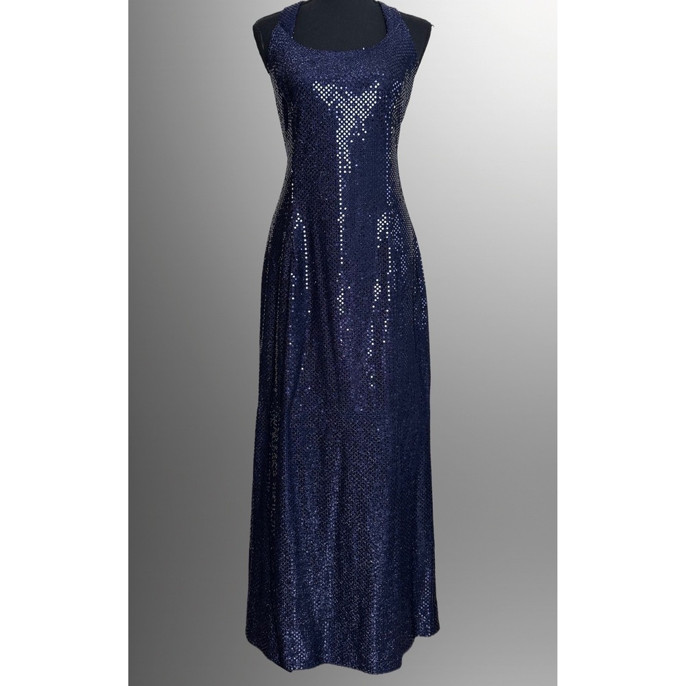 Jessica McClintock Gunne Sax Navy Sequin Halter Maxi Dress Gown 11/12 Y2K Glam